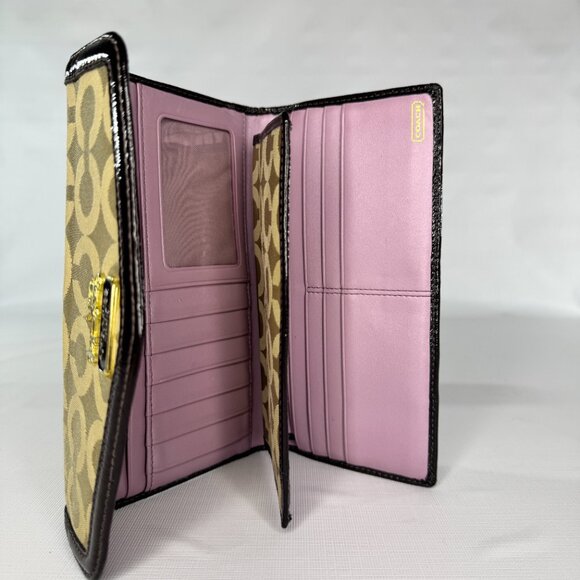 VINTAGE Coach Madison Op Art Checkbook Wallet | Khaki Brown Canvas Patent Leathe - Picture 4 of 14